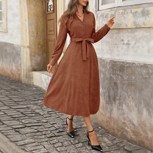 Corduroy V Neck Midi Dress Belted Waist Long Sleeve