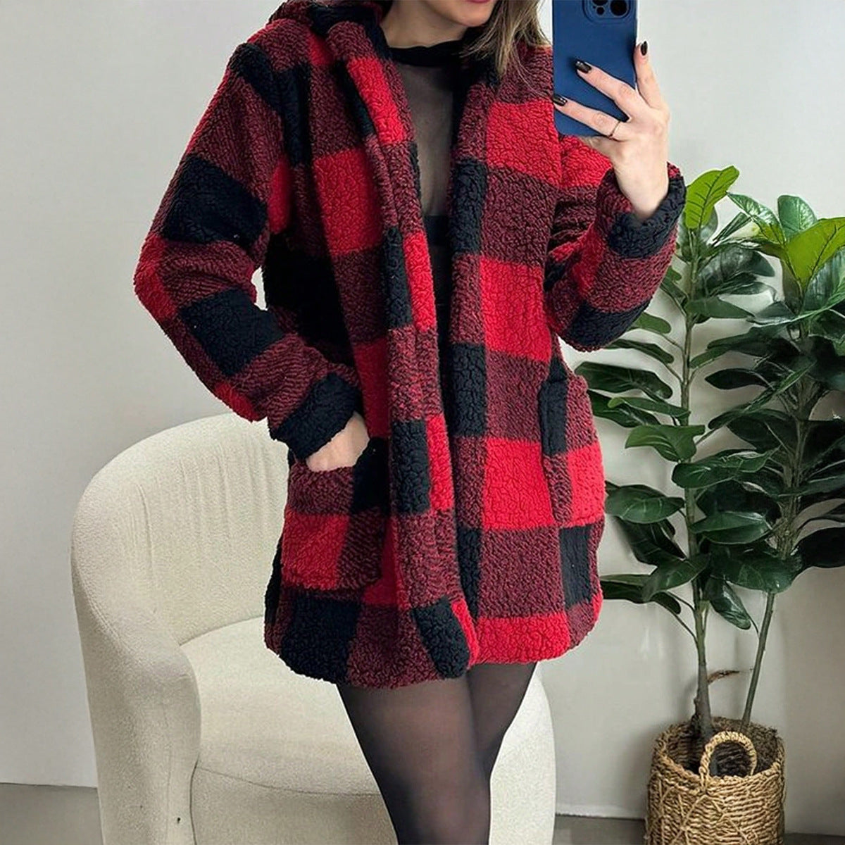 Casual Contrasting Buttonless Hooded Trench Coat