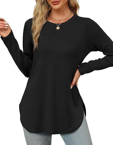 Women's Casual Long Sleeve Tunic Top Round Neck Side Slit