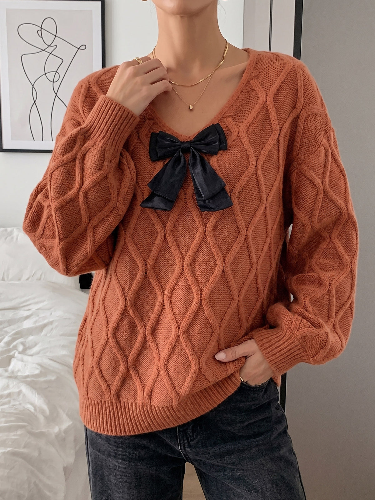 Womens V Neck Bow Sweater Oversized Cable Knit Pullover