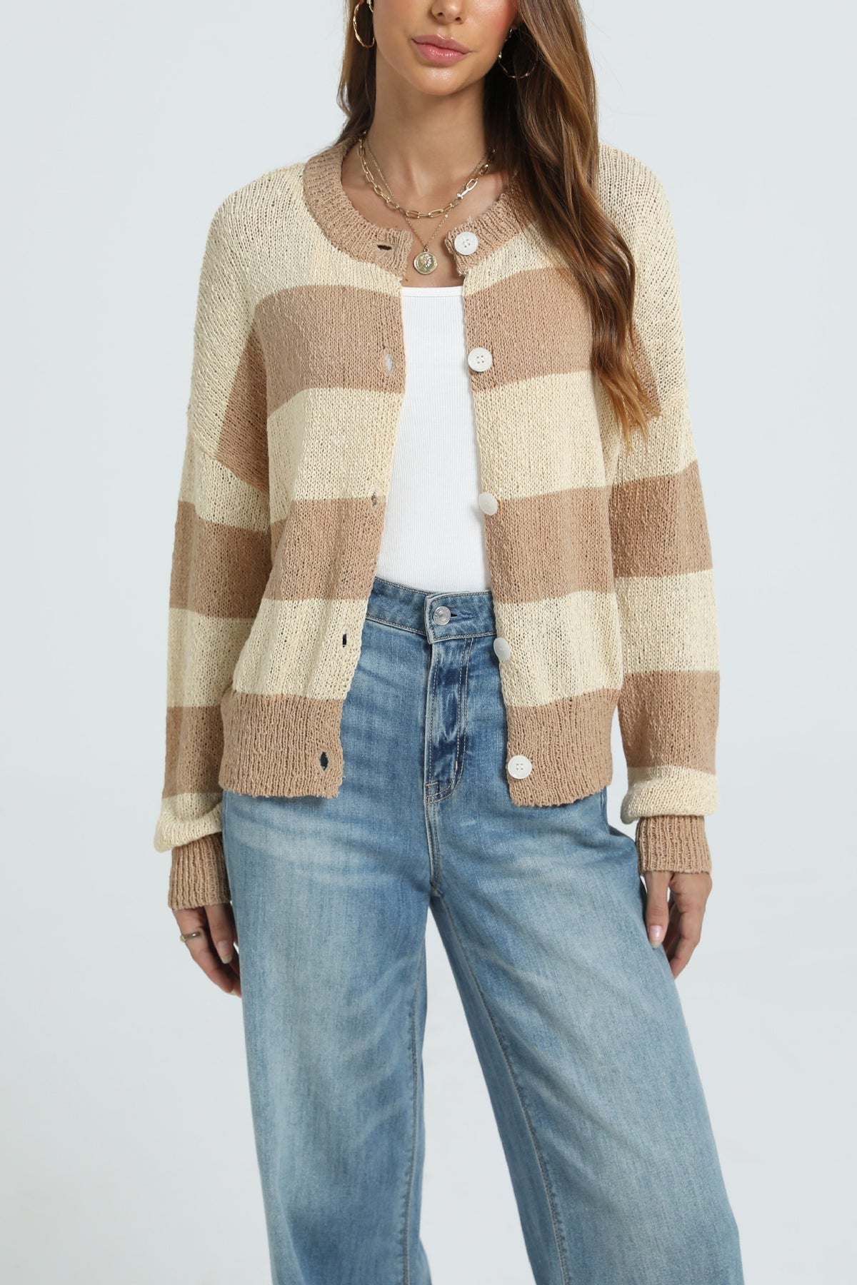 Women's Color Block Striped Cardigan Button Knit Sweater