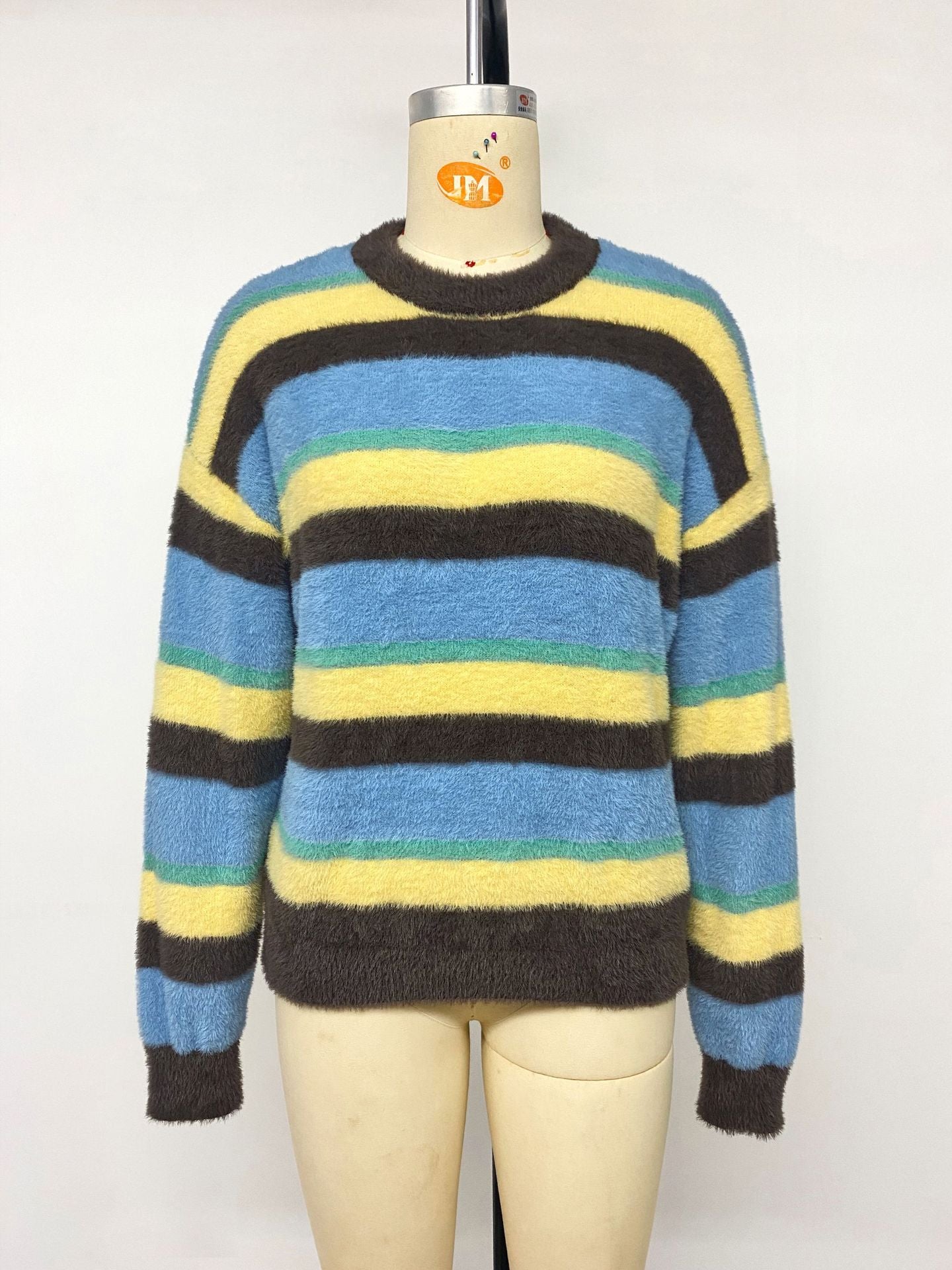 Oversized Color Block Striped Fuzzy Crew Neck Sweater