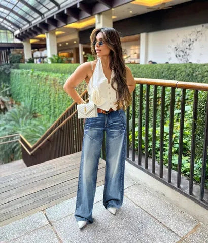 Washed Denim Jeans Vintage High Waist Wide Leg