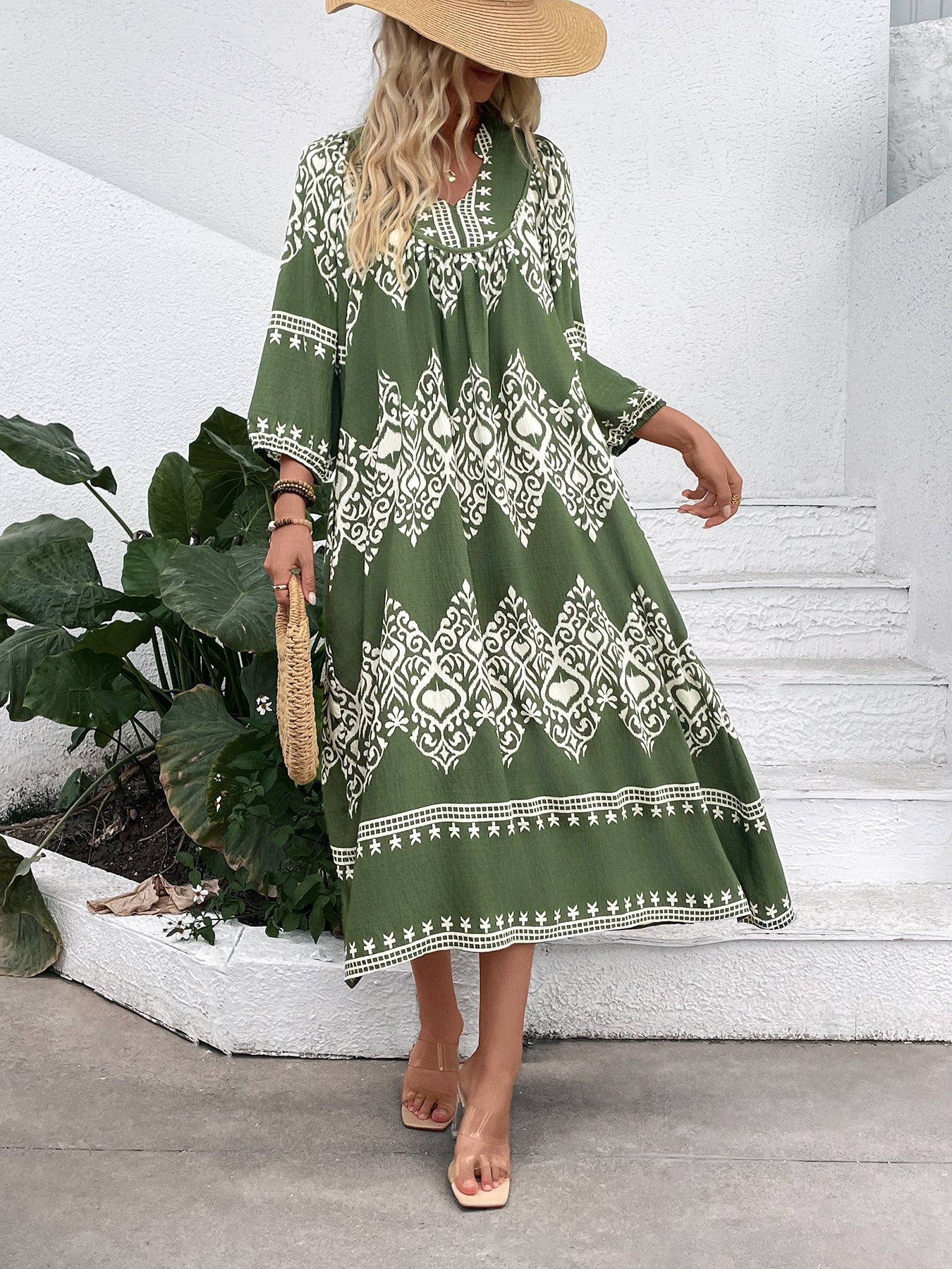 Ethnic Style Green Print Vacation A-Line Midi Dress