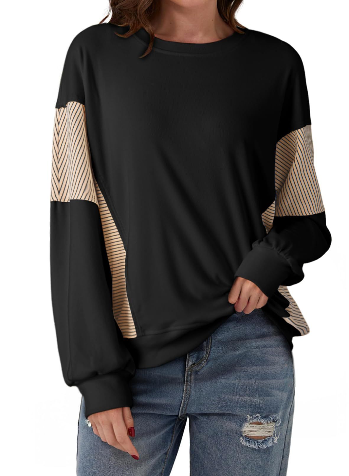 Striped Top Casual Colorblock Oversized Pullover