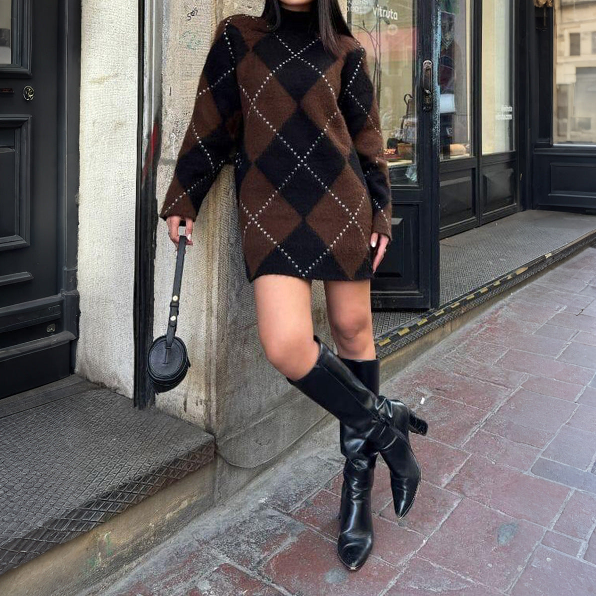 Oversized Argyle Turtleneck Knit Mini Sweater Dress