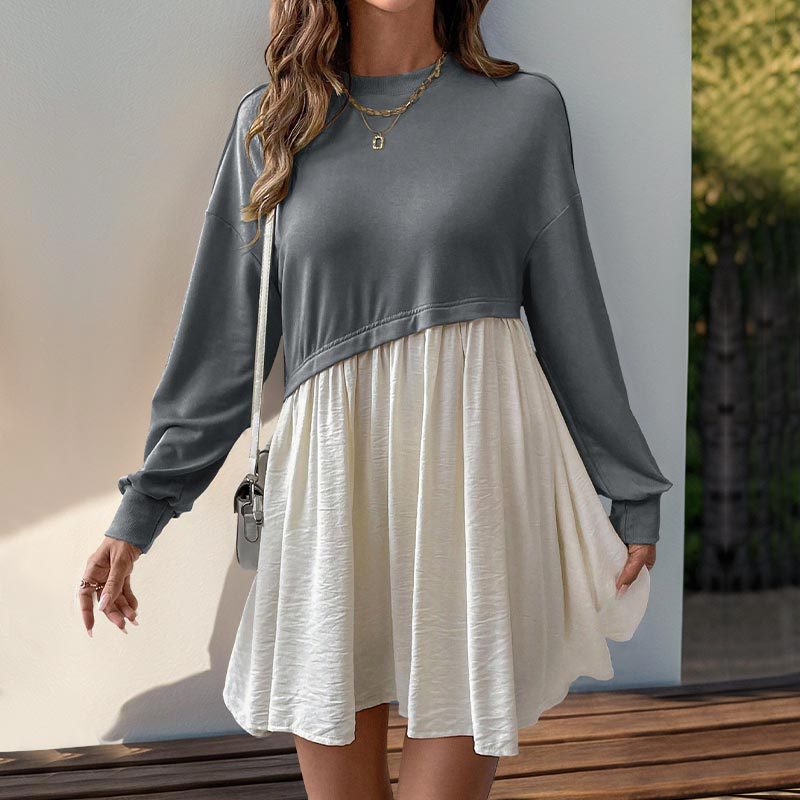 Color Block Long Sleeve Casual Loose Fit Mini Dress