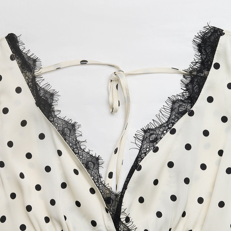 Polka Dot Woven Dress Vintage Lace Trim Maxi