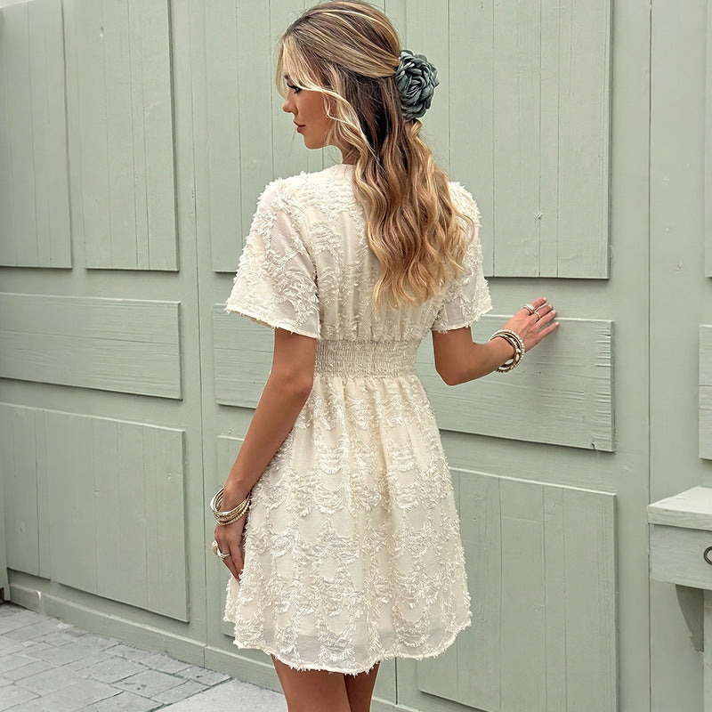 Solid Textured Dress Boho V Neck Puff Sleeve