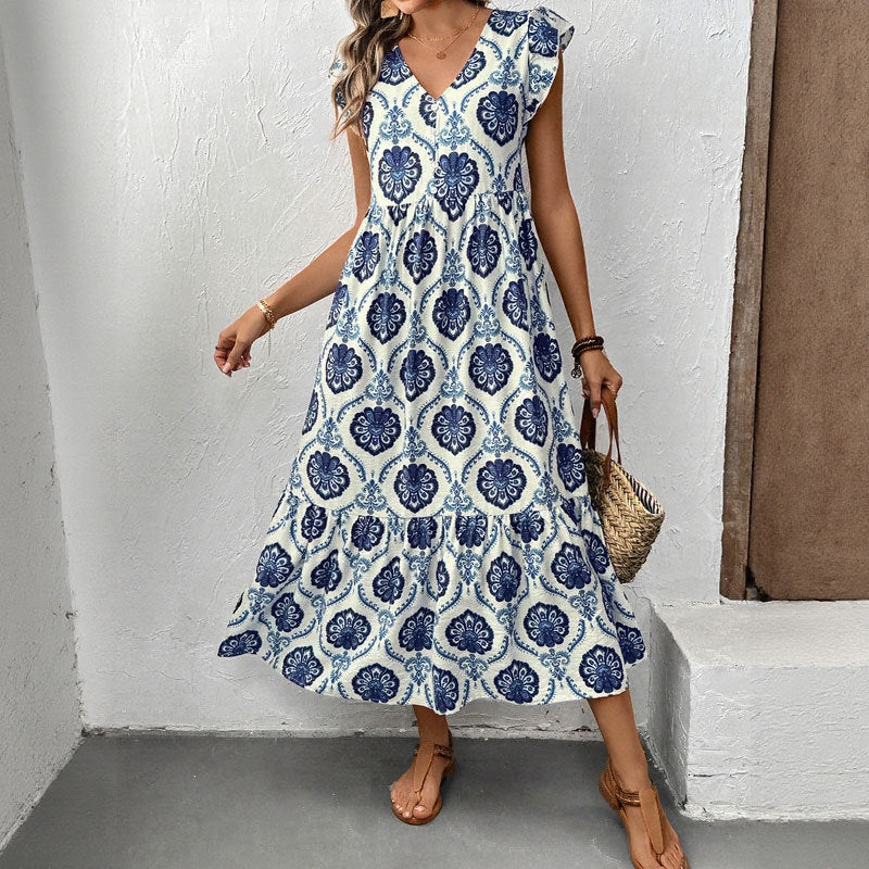 Loose-Fit Deep V-Neck Floral Print Maxi Dress - Stylish and Comfortable Women's Long Dress