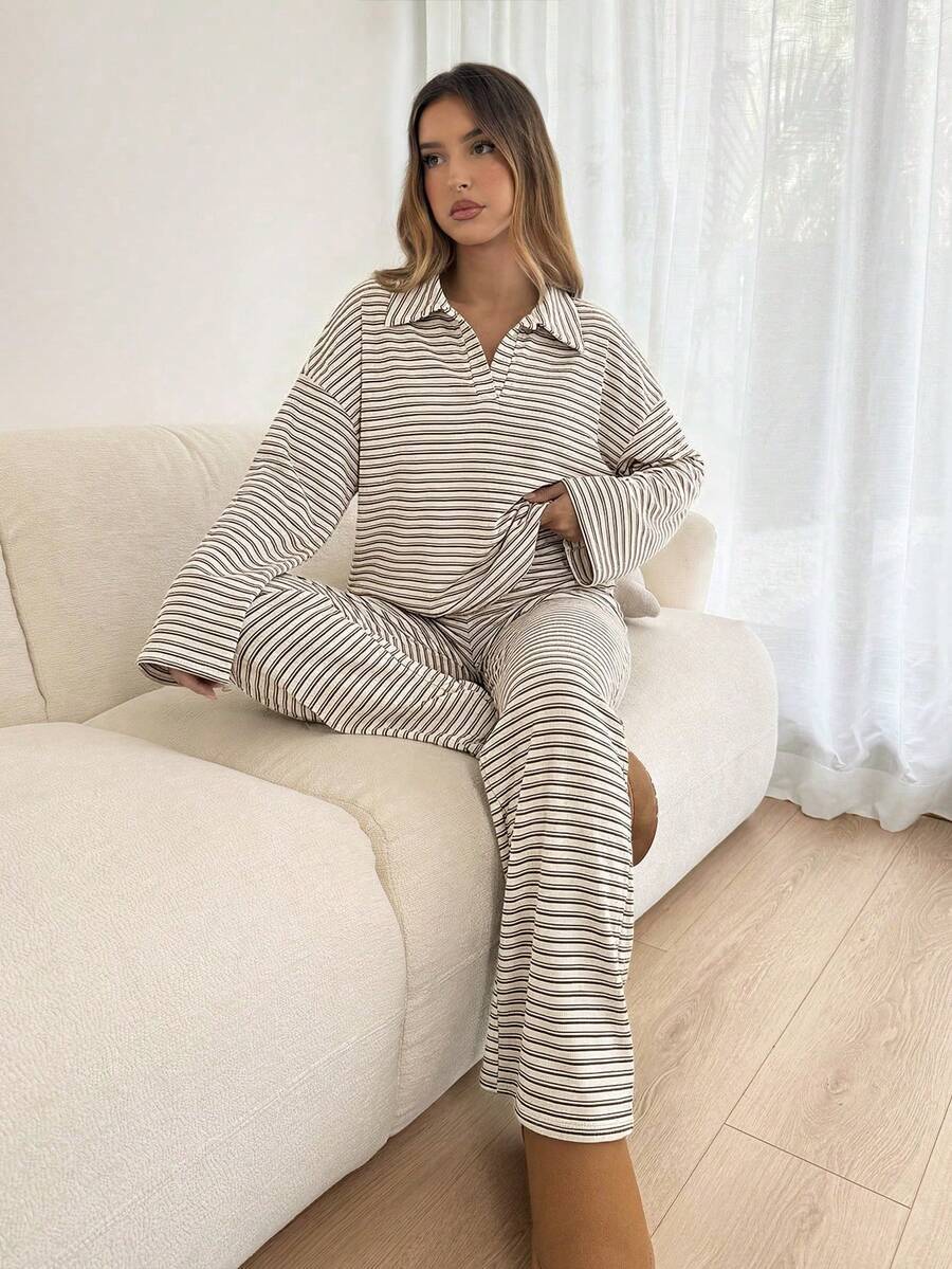 Striped Lounge Set Casual Collared Pullover Wide Leg Pants