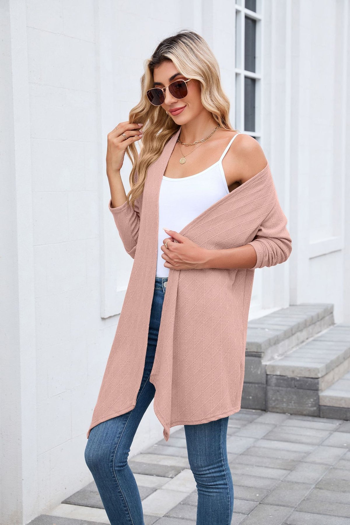 Women's Textured Open Front Long Knit Cardigan Sweater