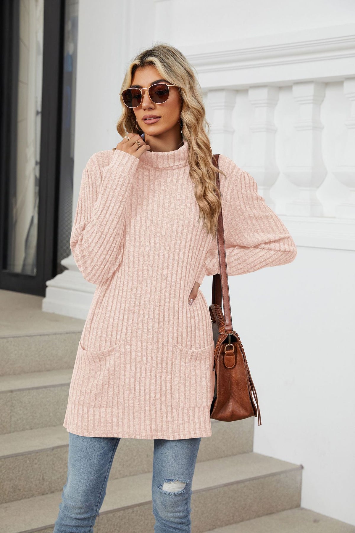 Women's Ribbed Mock Neck Long Sleeve Tunic Top with Pockets