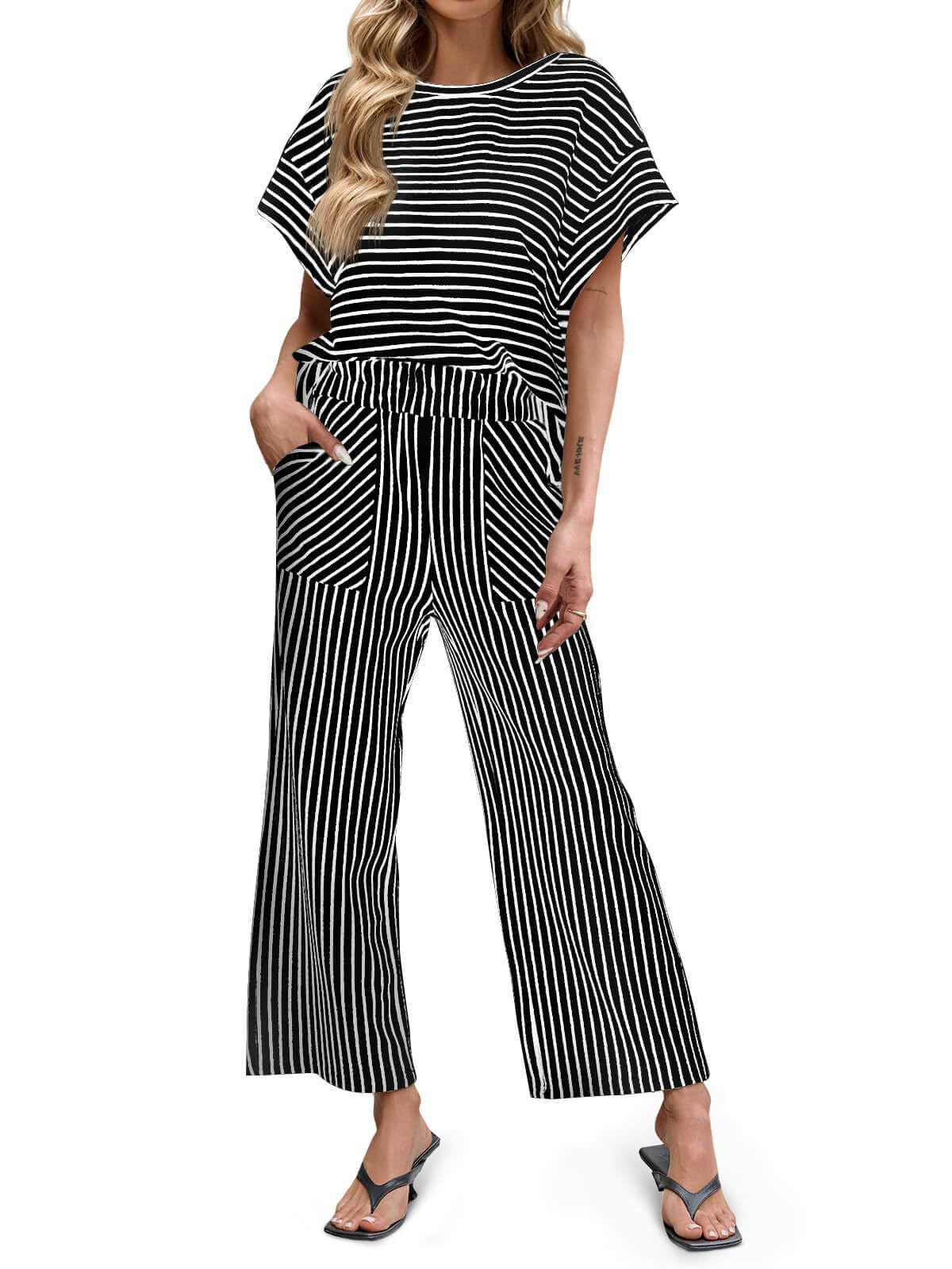 Striped Wide Leg Pants Set Casual Summer Lounge Outfit