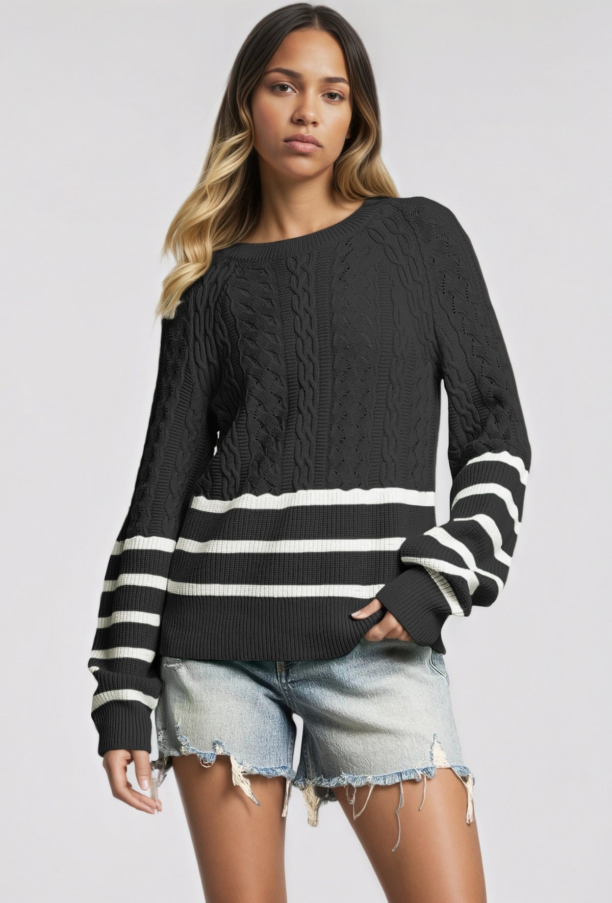 Women's Oversized Cable Knit Striped Color Block Sweater