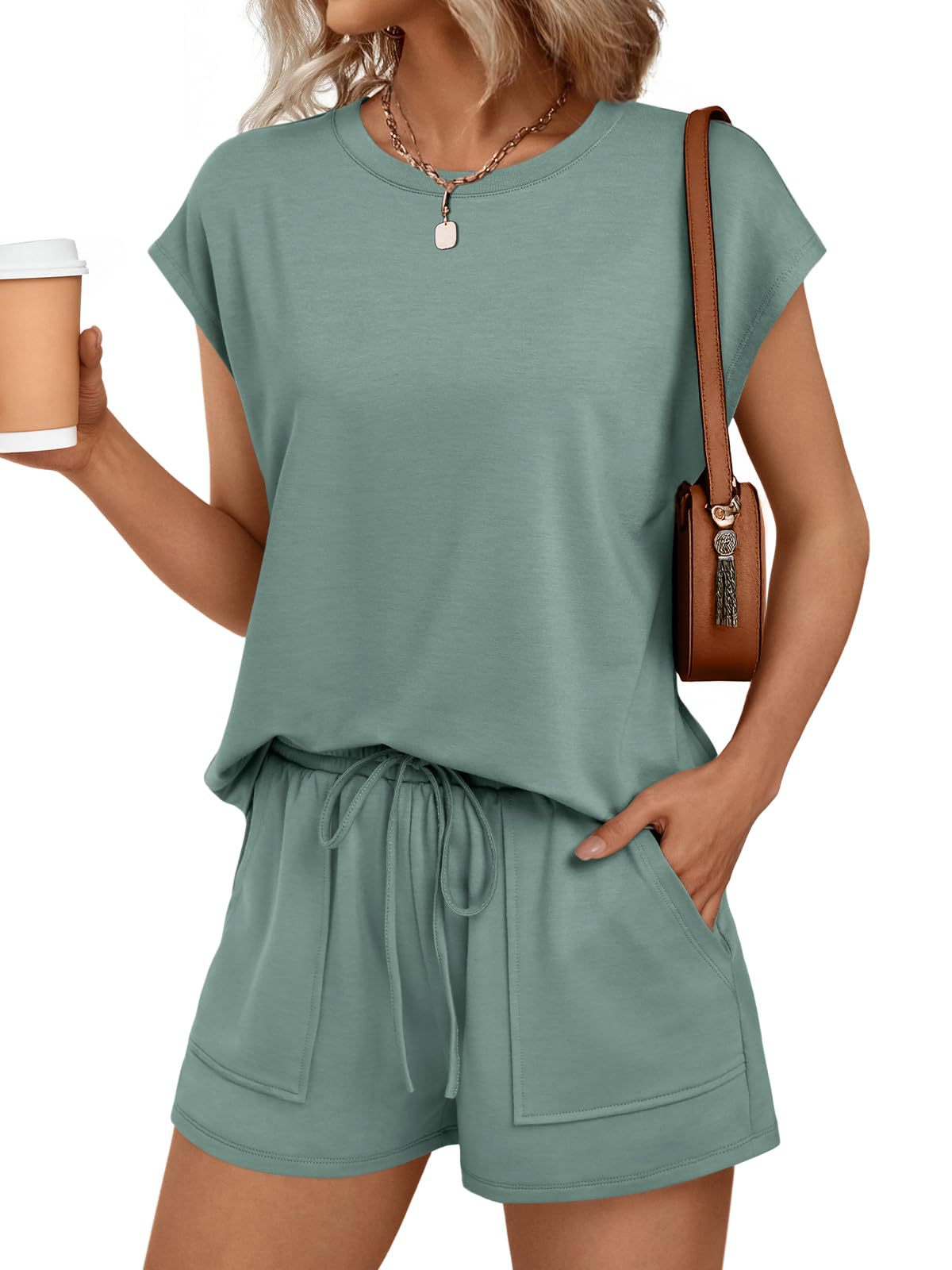 Solid Knit Lounge Set Casual Drawstring Pocket