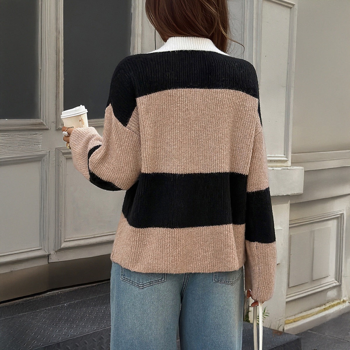 Women's Striped Polo Collar Knit Sweater Pullover