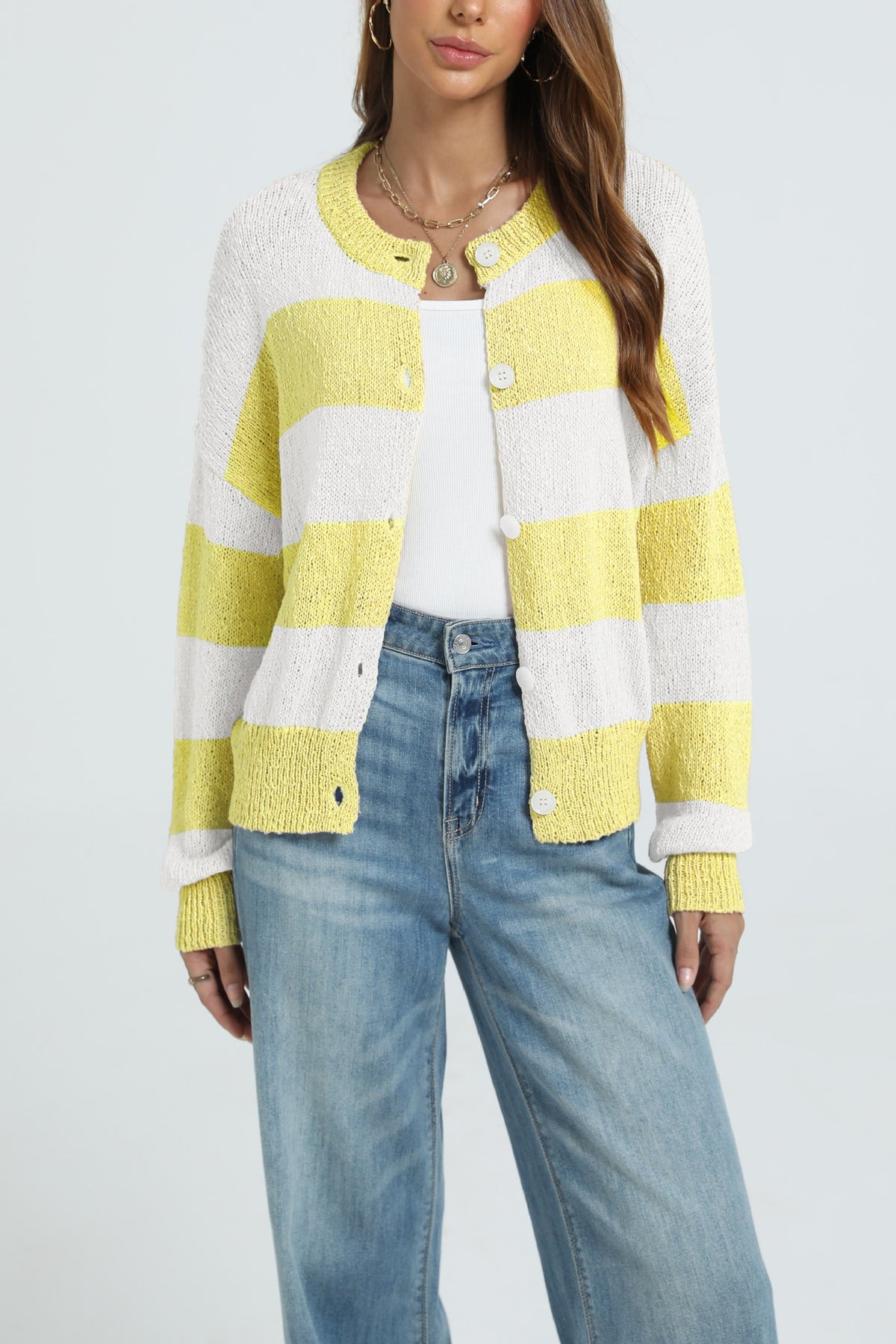Women's Color Block Striped Cardigan Button Knit Sweater