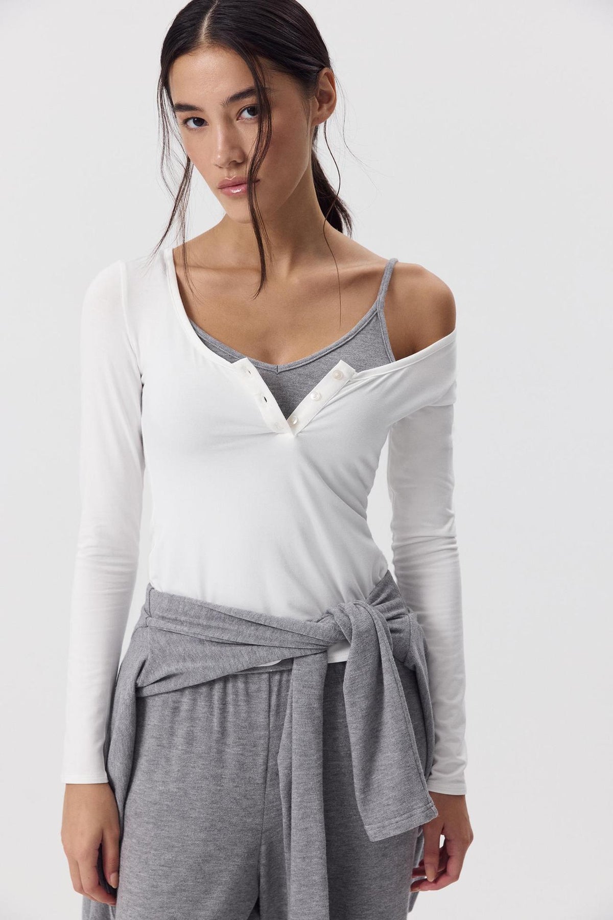 Women's Soft Modal Long Sleeve U-Neck Button Fitted Top