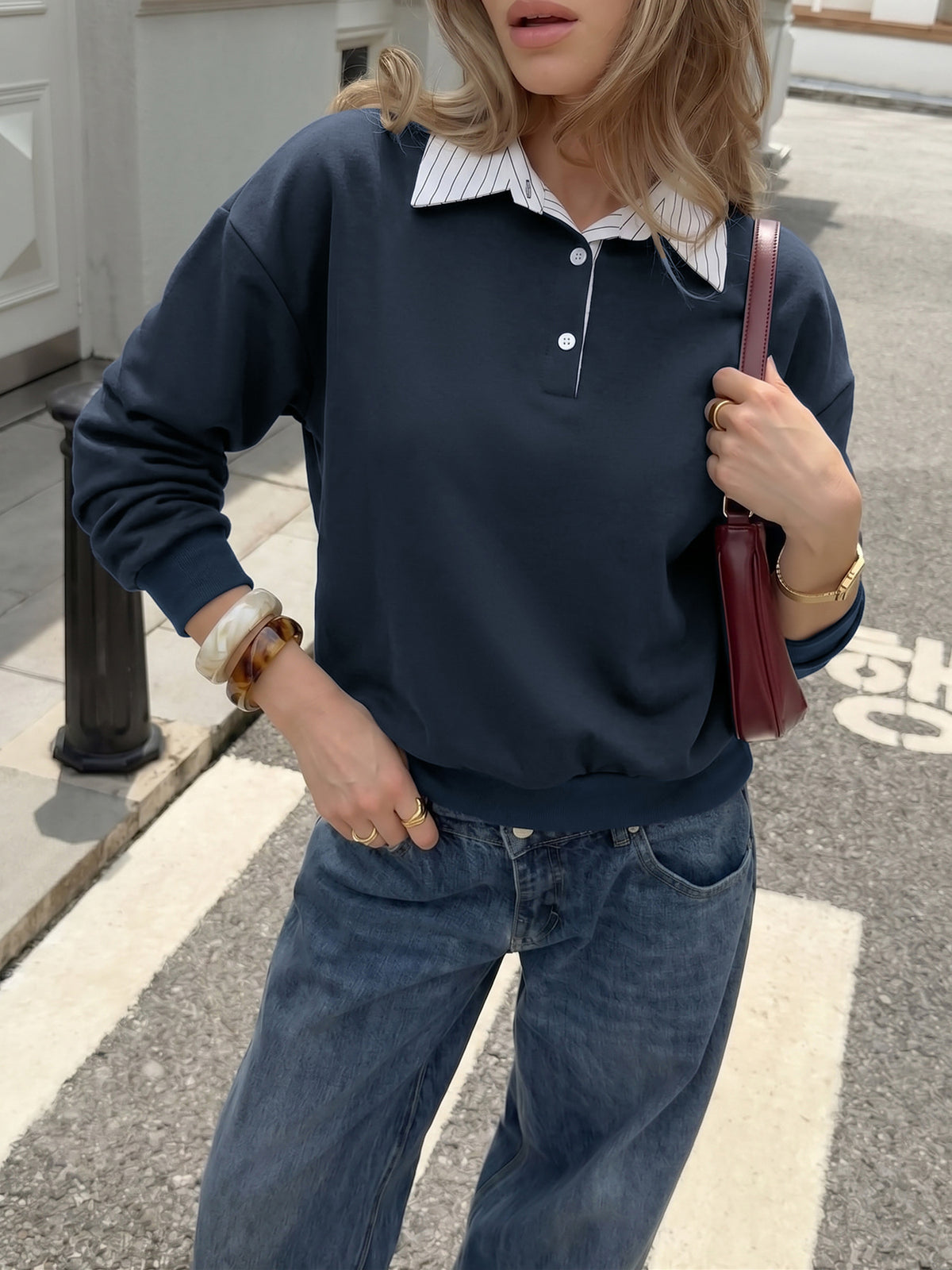 Women's Oversized Preppy Layered Striped Collar Sweatshirt