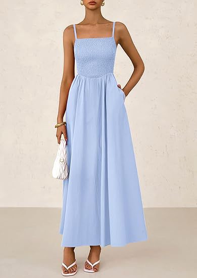 Spaghetti Strap Smocked Maxi Dress with Pockets for Summer