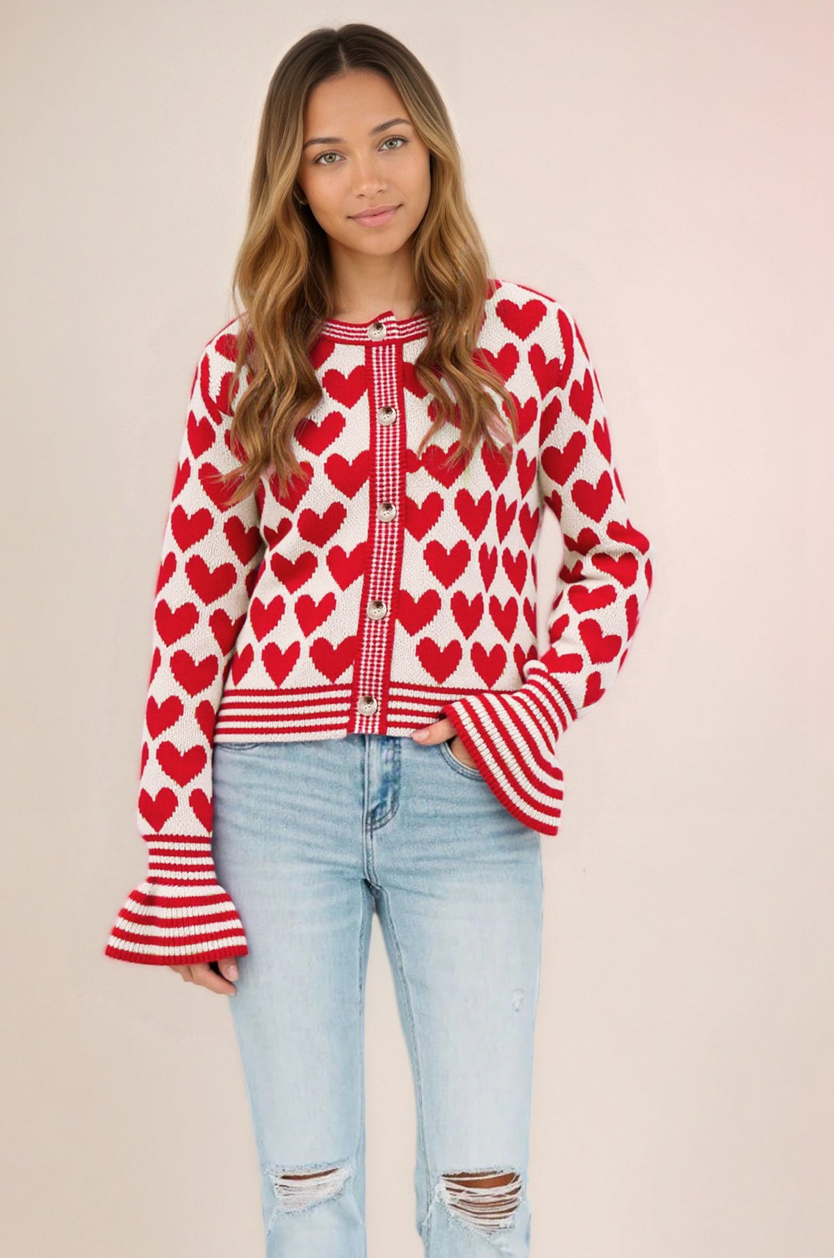 Colorblock Heart Print Bell Sleeve Knit Cardigan