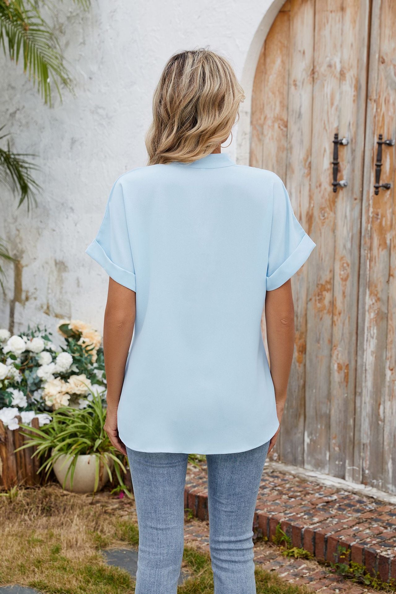 Elegant Solid Color V-Neck Short Sleeve Chiffon Blouse