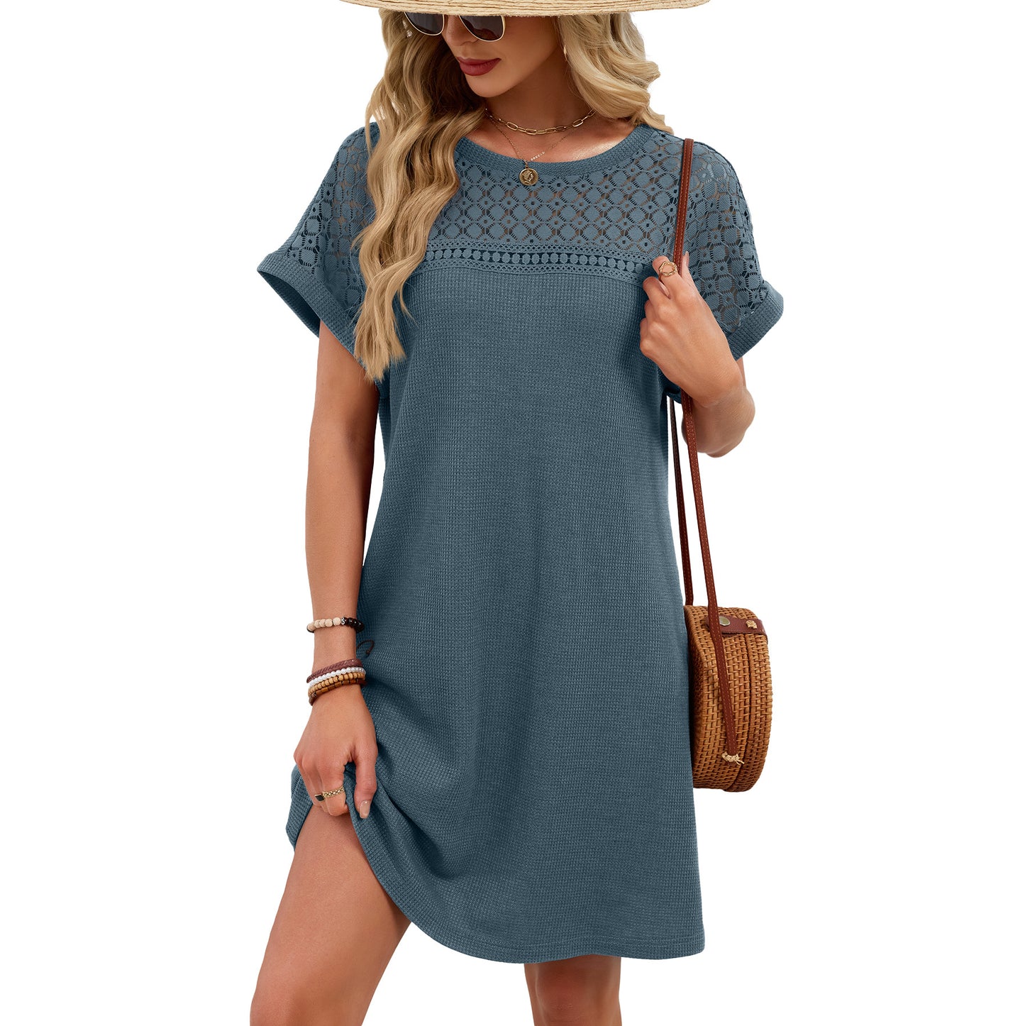 Women’s Lace Patchwork Short Sleeve Casual T Shirt Dress