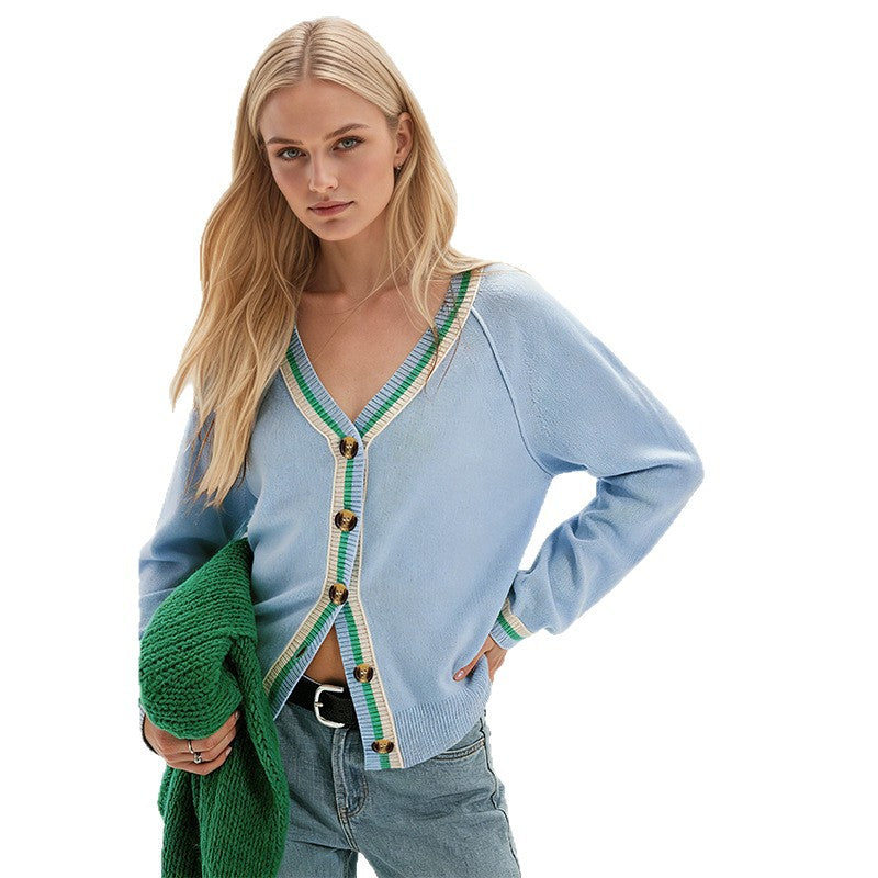 Women's Color Block V-Neck Button Front Cardigan
