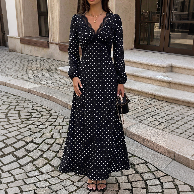 Black Polka Dot Maxi Dress Lace V-Neck Puff Long Sleeve