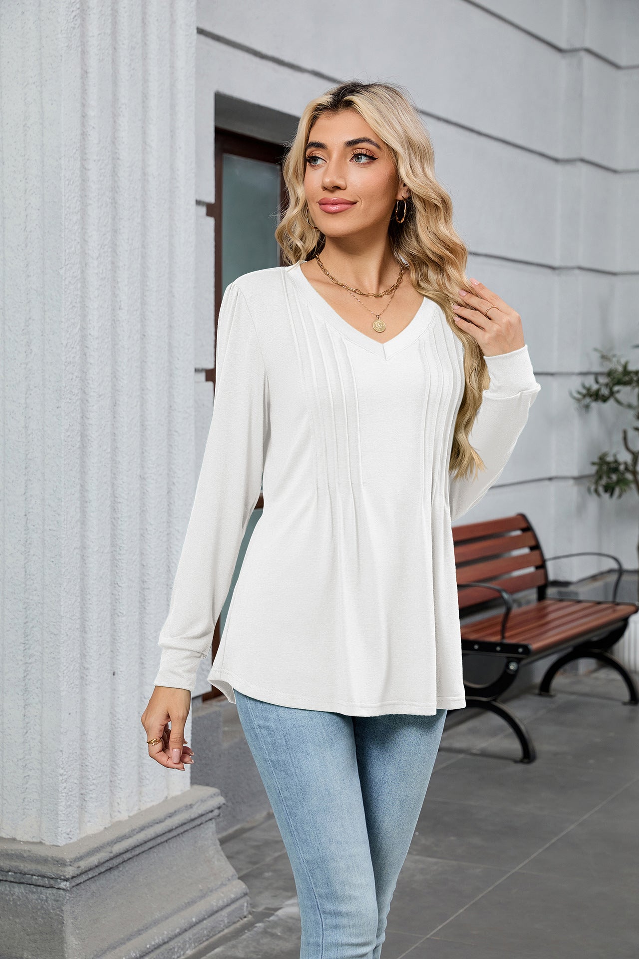 V-Neck Pleated Top – Soft Jersey Long Sleeve Tee