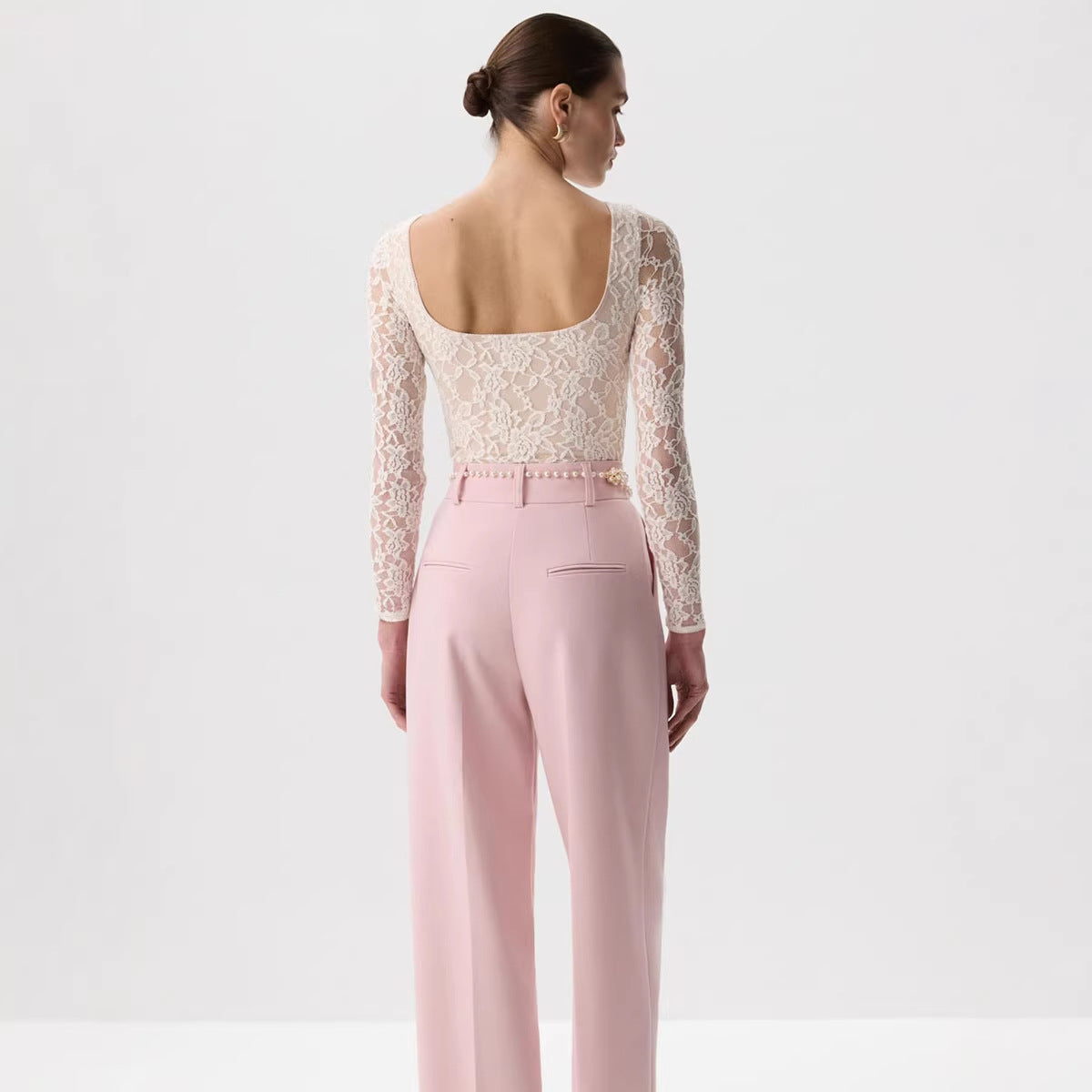 Women Long Sleeve Lace U Neck Slim Fit Top Blouse