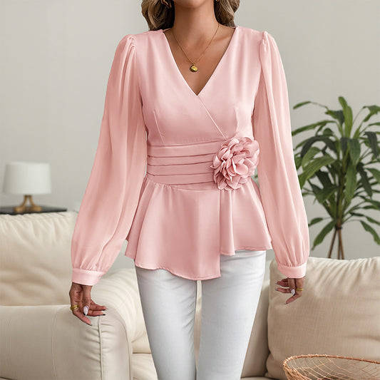Elegant V-Neck Blouse with 3D Floral Waist Detail