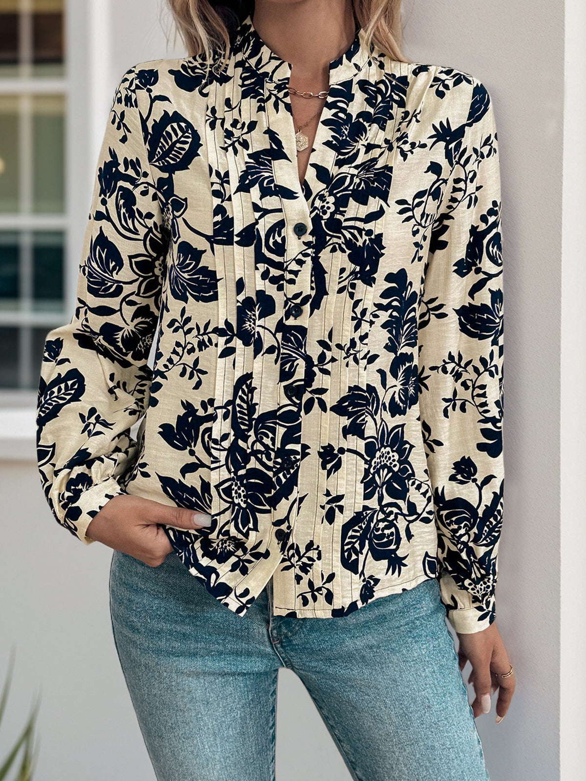 Boho Floral Long Sleeve Blouse Mandarin Collar Top
