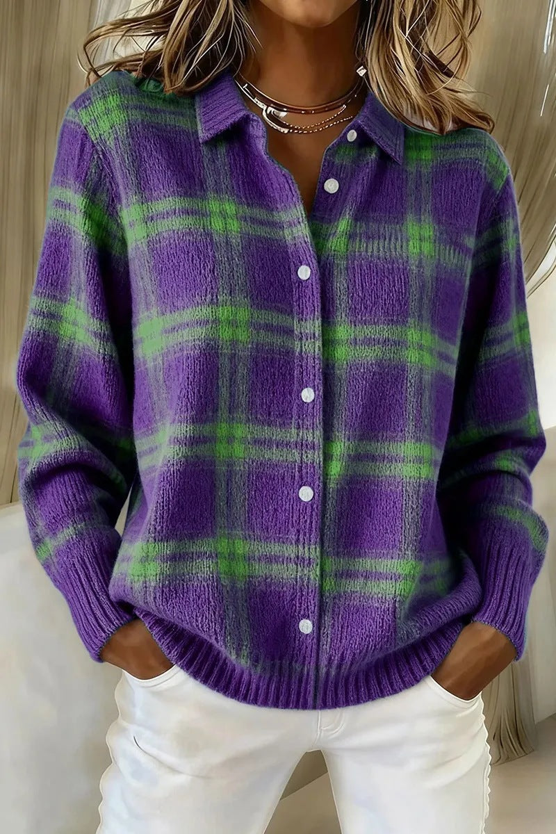 Plaid Knit Shirt Cardigan for Women, Relaxed Button-Up