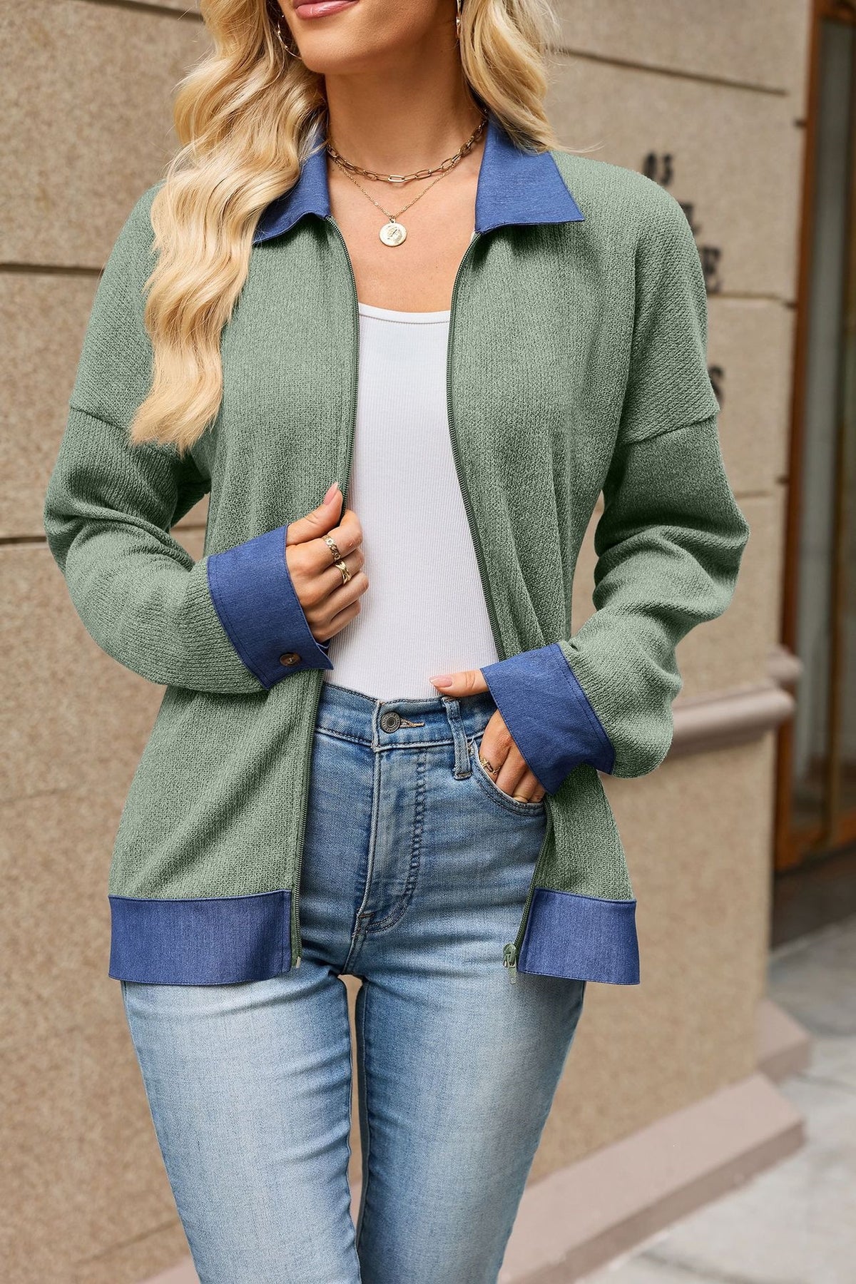 Womens Color Block Denim Trim Zip Up Collared Jacket