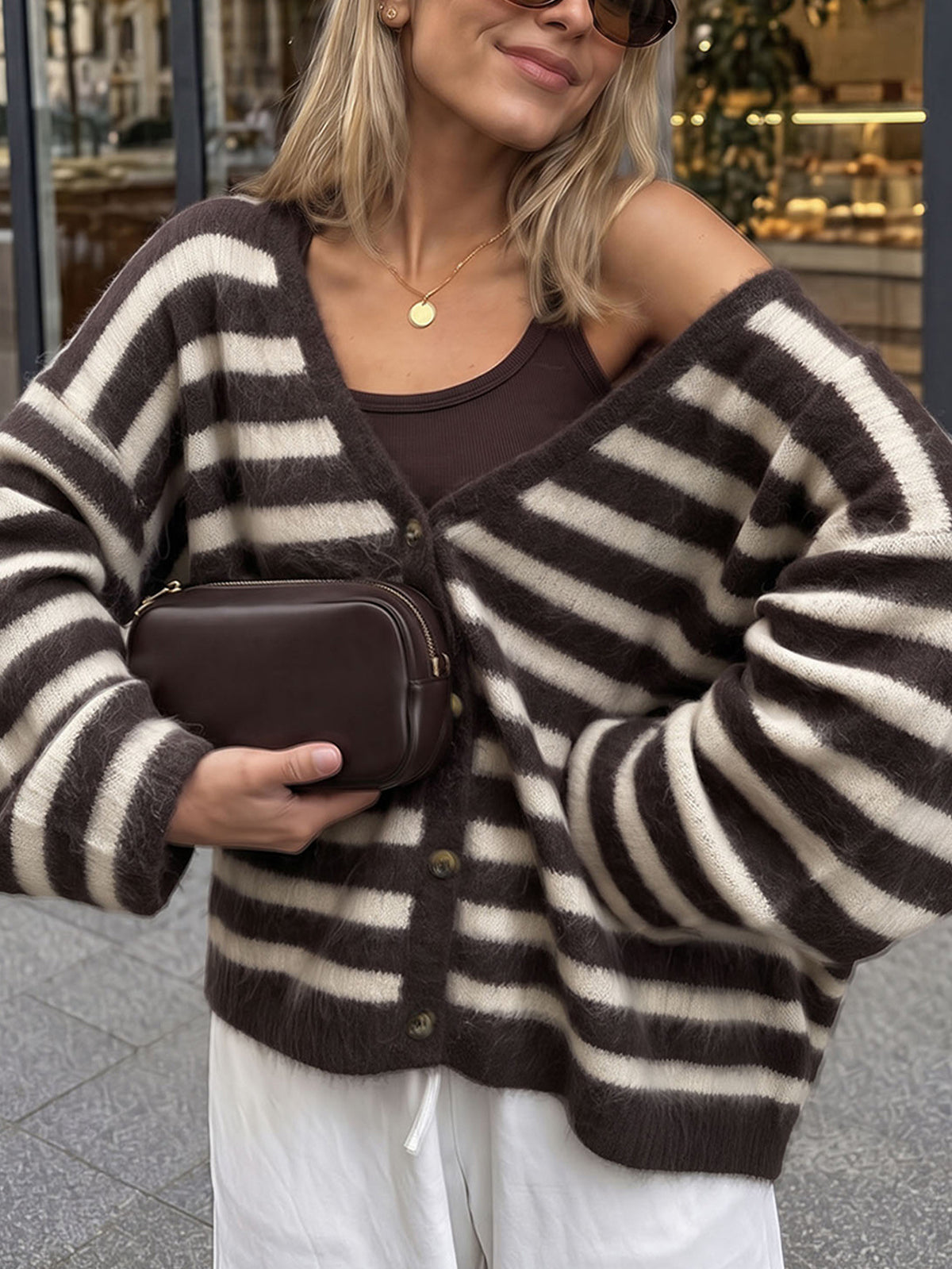 Women's Striped V-Neck Button Front Cardigan