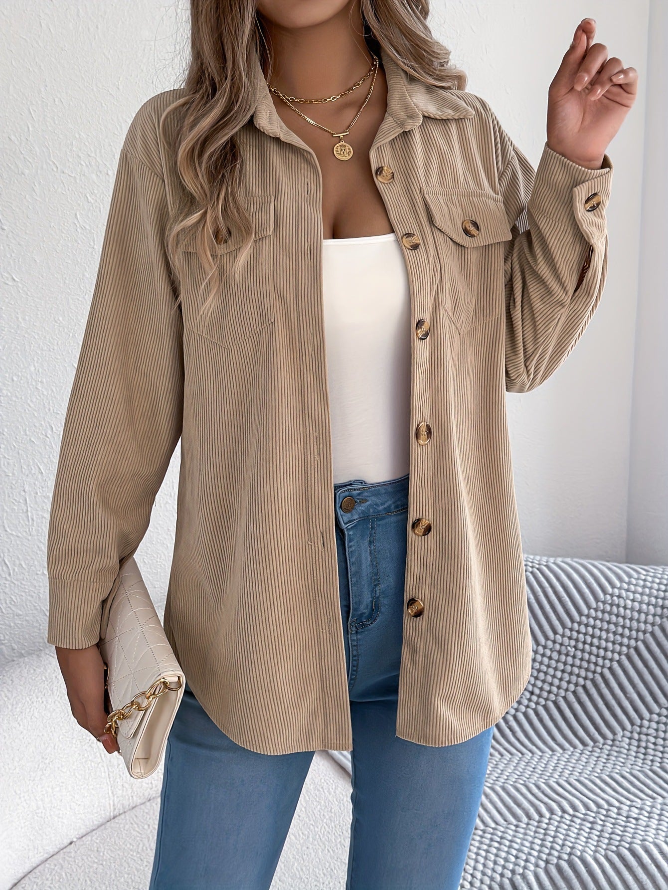 Corduroy Shacket Button Front Relaxed Fit