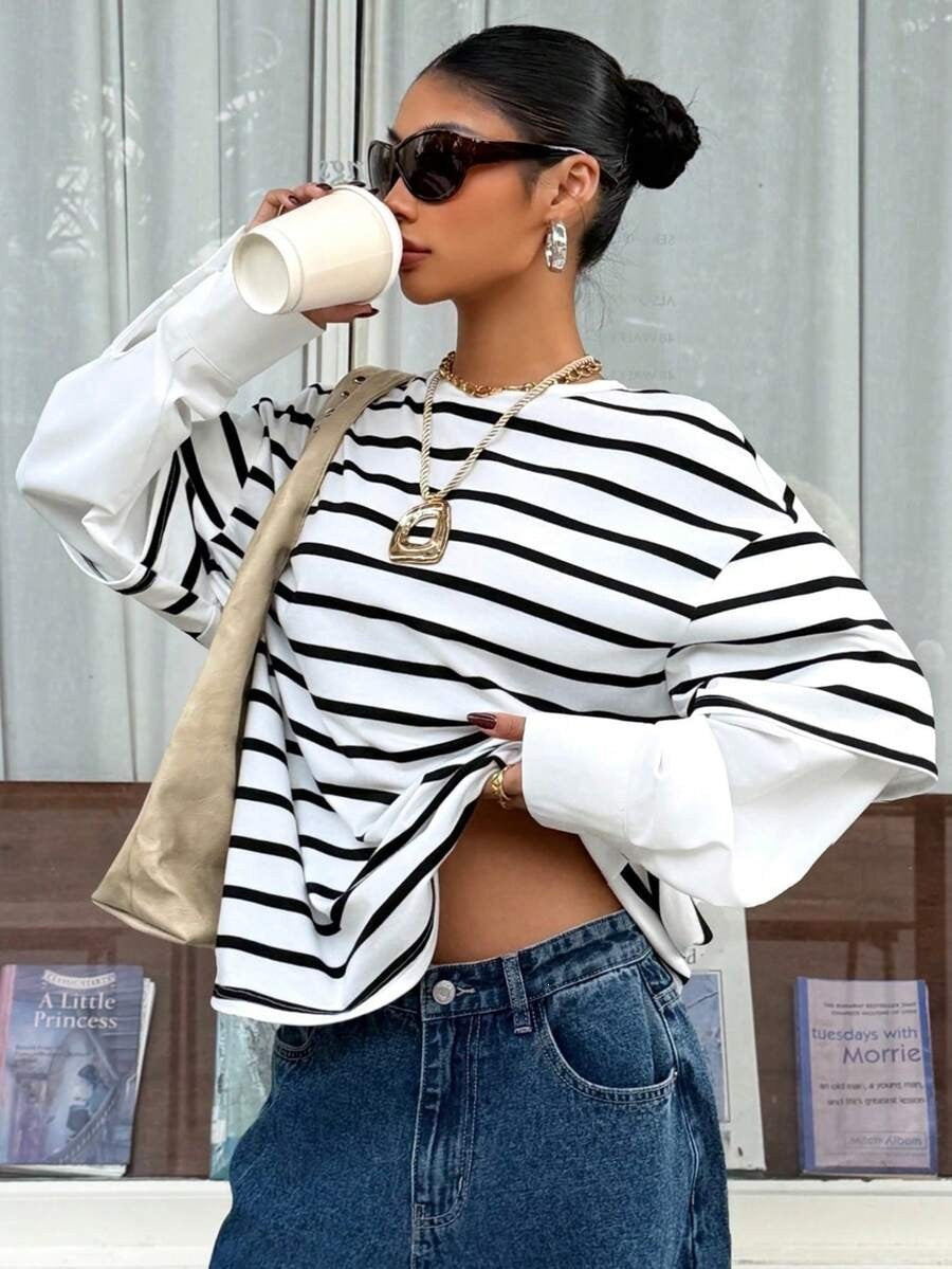 Striped Layered Look Long Sleeve Top Relaxed Fit Casual Tee