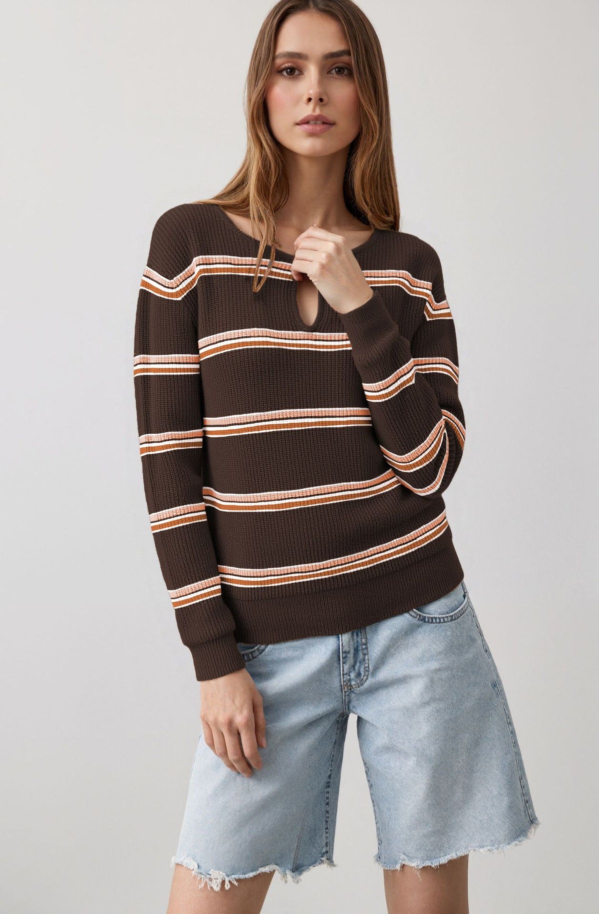 Women's Striped Long Sleeve Keyhole Knit Sweater