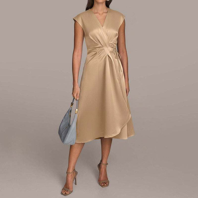Elegant Sleeveless Satin Wrap Dress with Tie Waist for Women