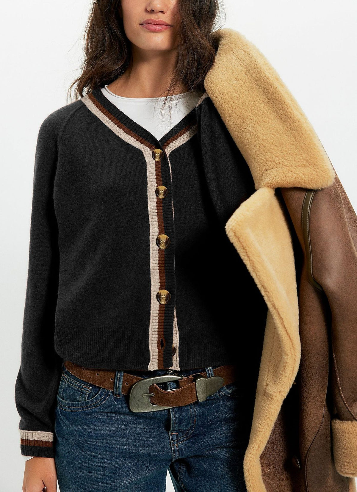 Color Block V Neck Button Front Knit Cardigan Sweater