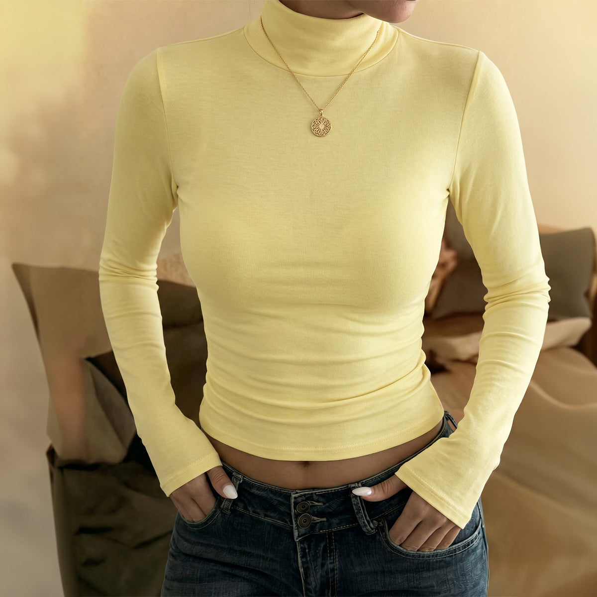 Mock Neck Long Sleeve Fitted Crop Top Soft Stretchy