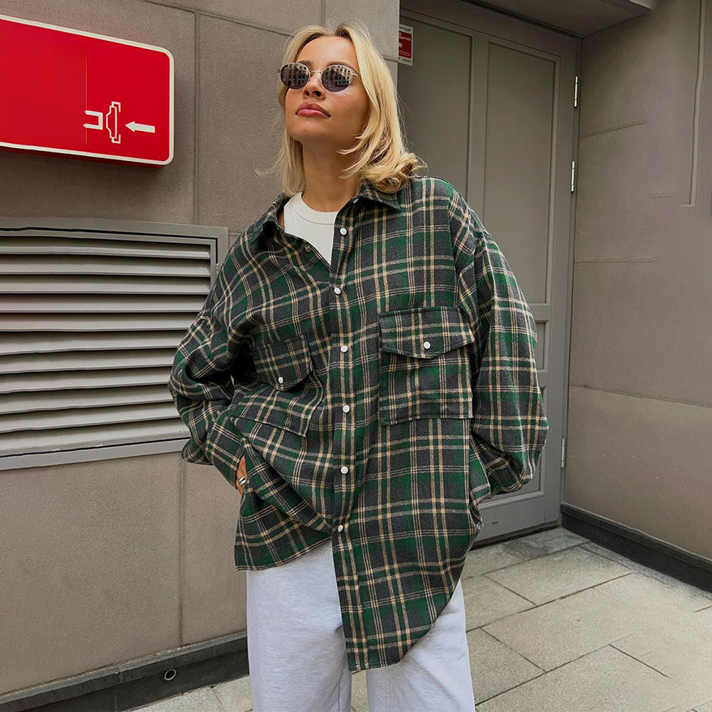 Plaid Button-Down Shirt with Flap Pockets  Oversized Fit