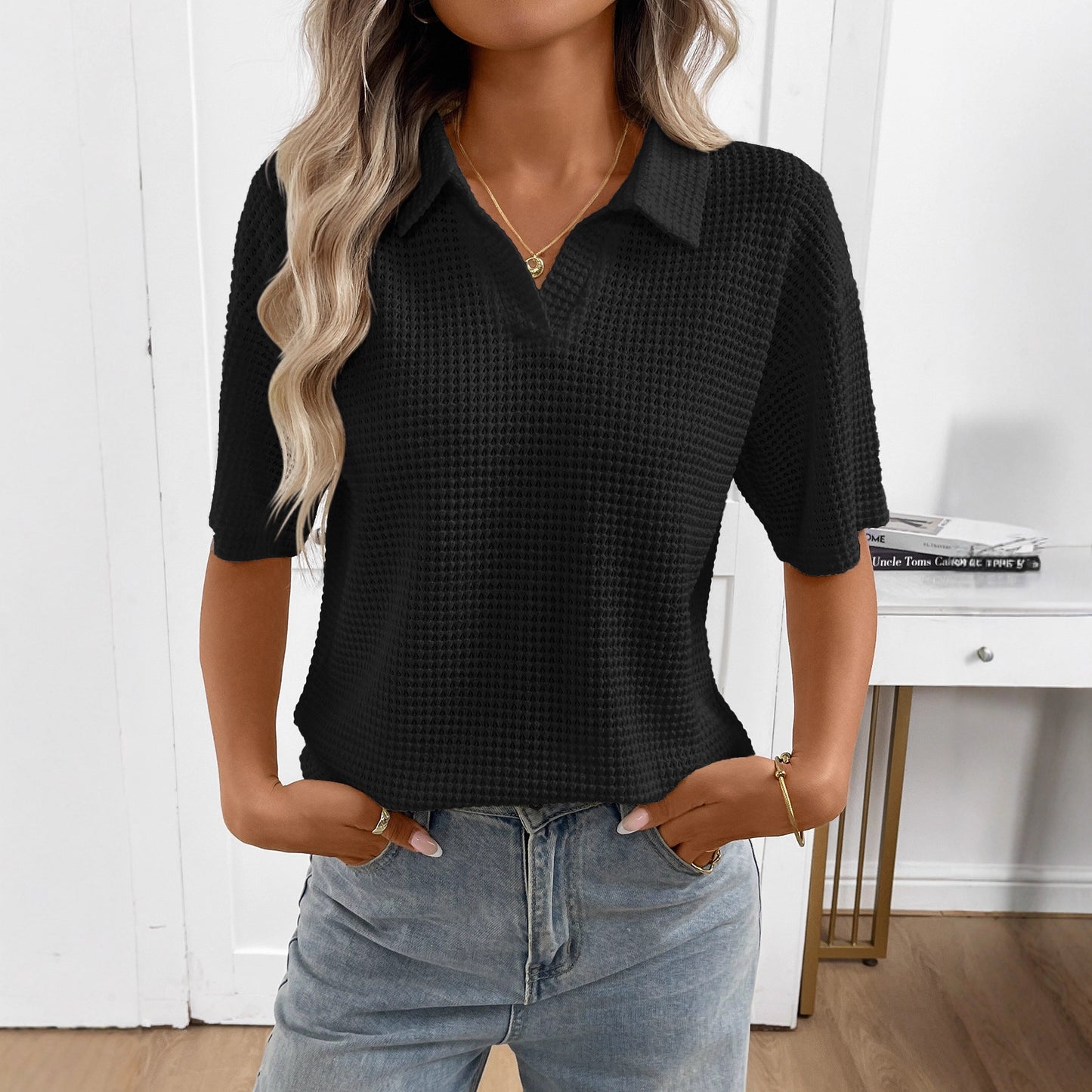 Striped Polo Collar Knit Short Sleeve Sweater Top