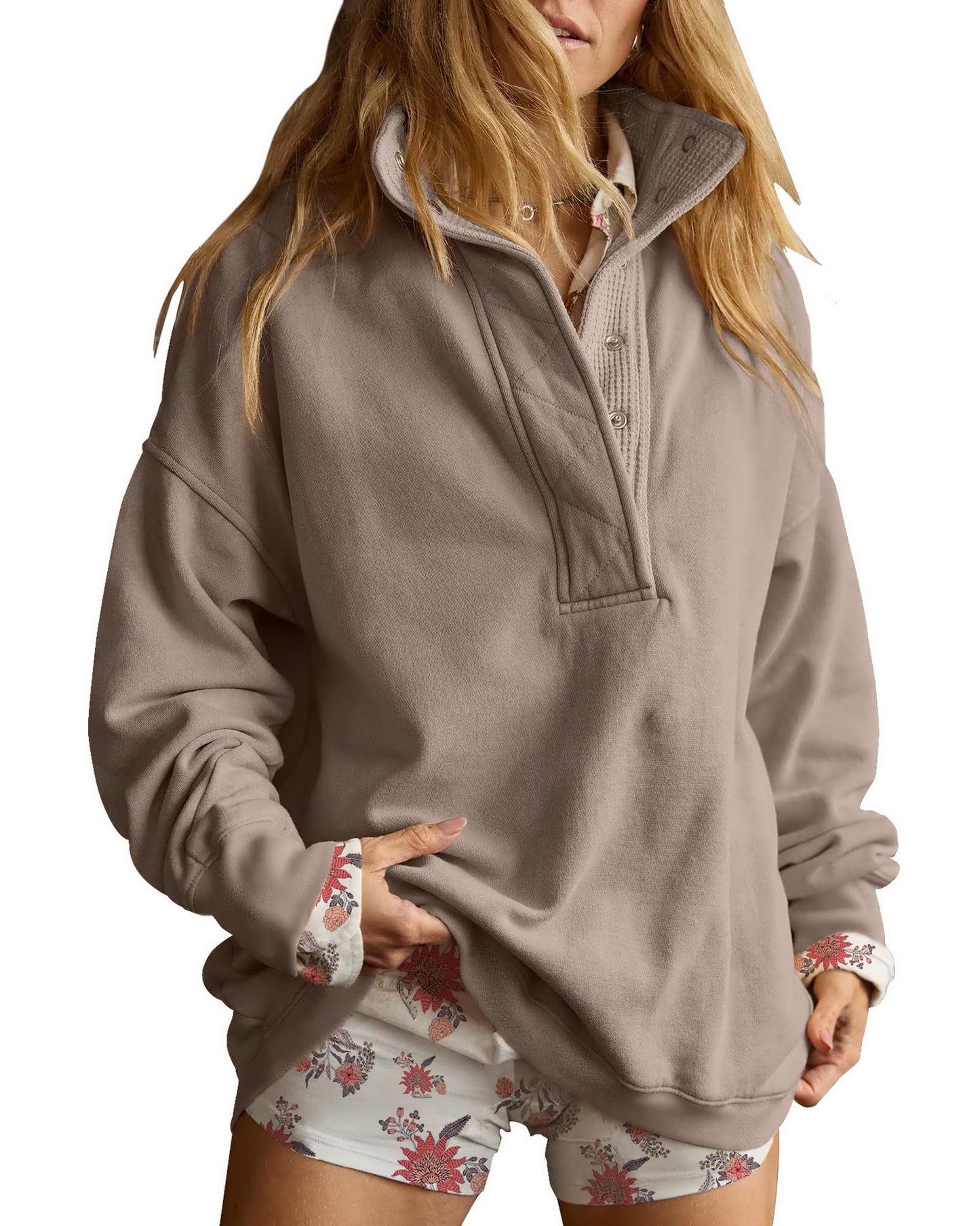 Solid Fleece Sweatshirt Casual Oversized Snap Collar