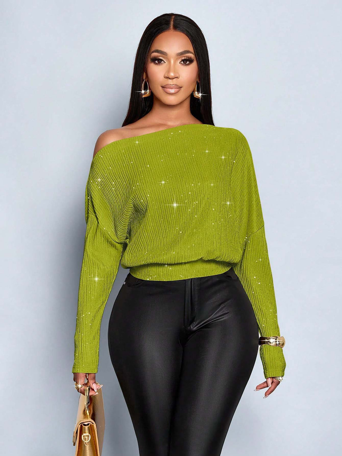 One Shoulder Glitter Batwing Sleeve Cinched Waist Knit Top