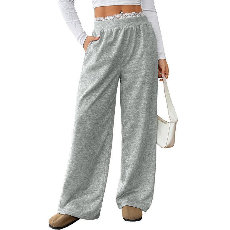 Lace Trim High Waist Casual Straight Leg Pants