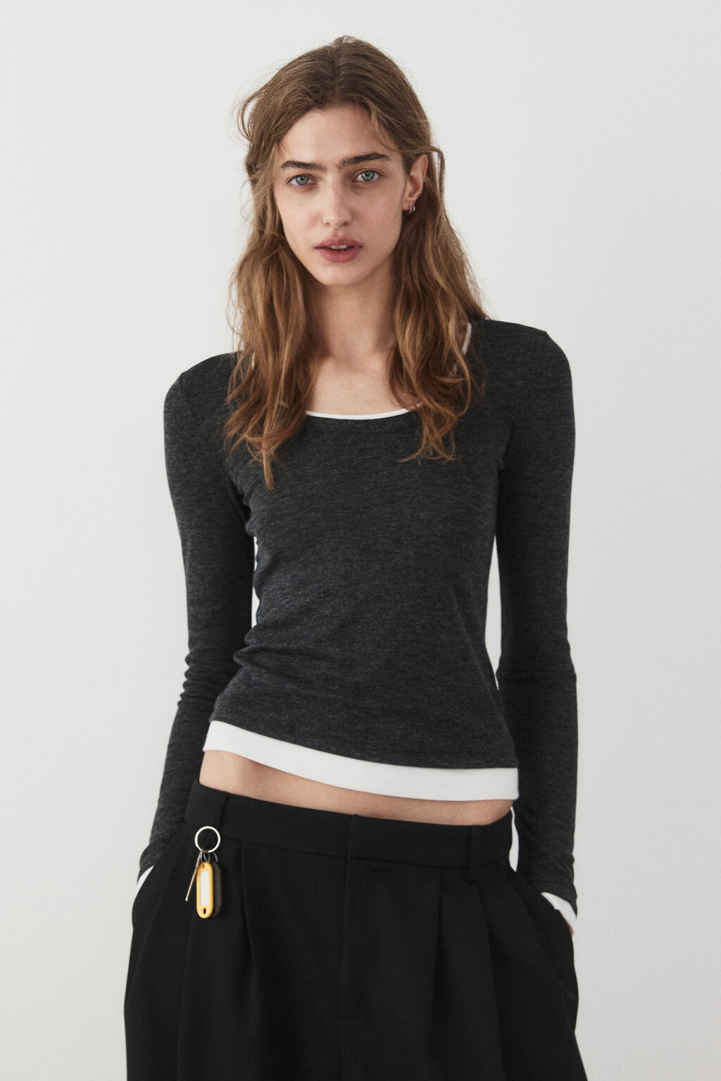 Women's Layered Ribbed Long Sleeve U Neck Fitted Top