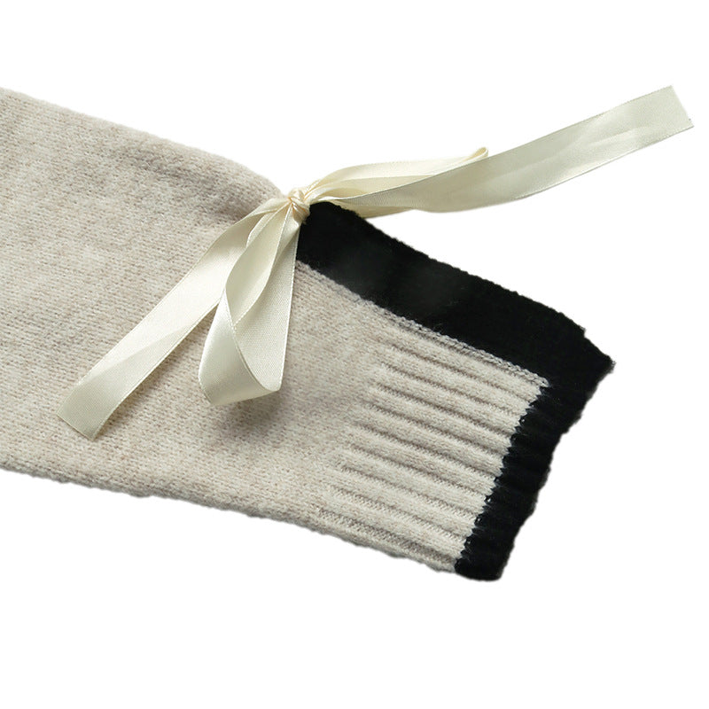 Bow Detail Contrast Knit Sweater Crew Neck Long Sleeve